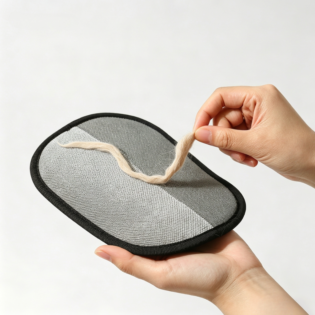 Reusable pet hair remover glove with collected fur peeling away